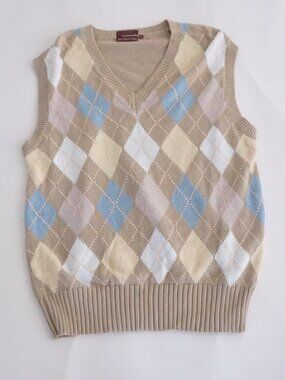 Vintage Chaps Ralph Lauren Oatmeal Pastel Argyle Cotton V Neck Golf Knit Vest XL